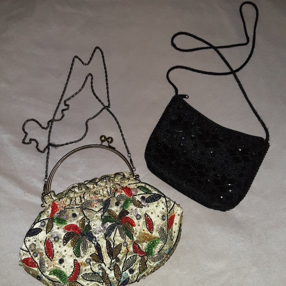 Lot of 2 Beaded Bags * Vintage 1940's Hand Made * !990's Y2K Black Bag *